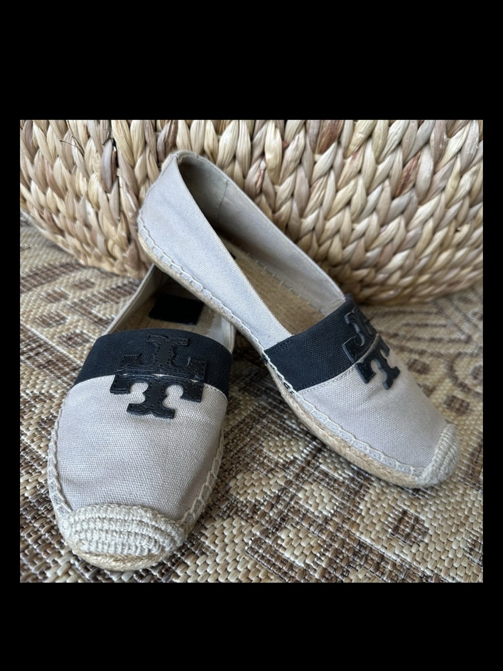 Tory Burch Weston Espadrille Canvas Leather Logo Size 7.5 Rare!